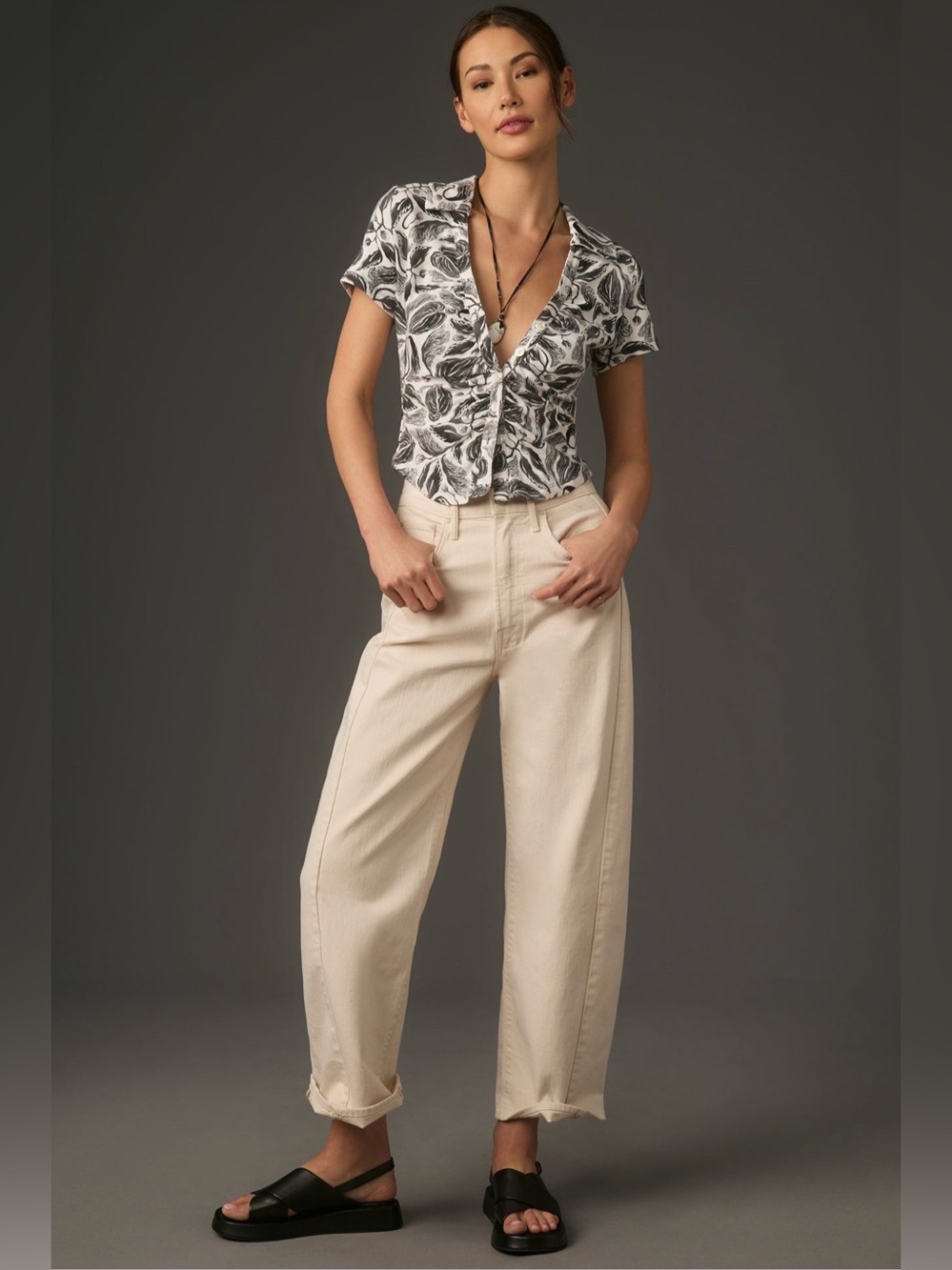 Anthropologie Maeve Yukiko Noritake Short-Sleeve Ruched Buttondown Top